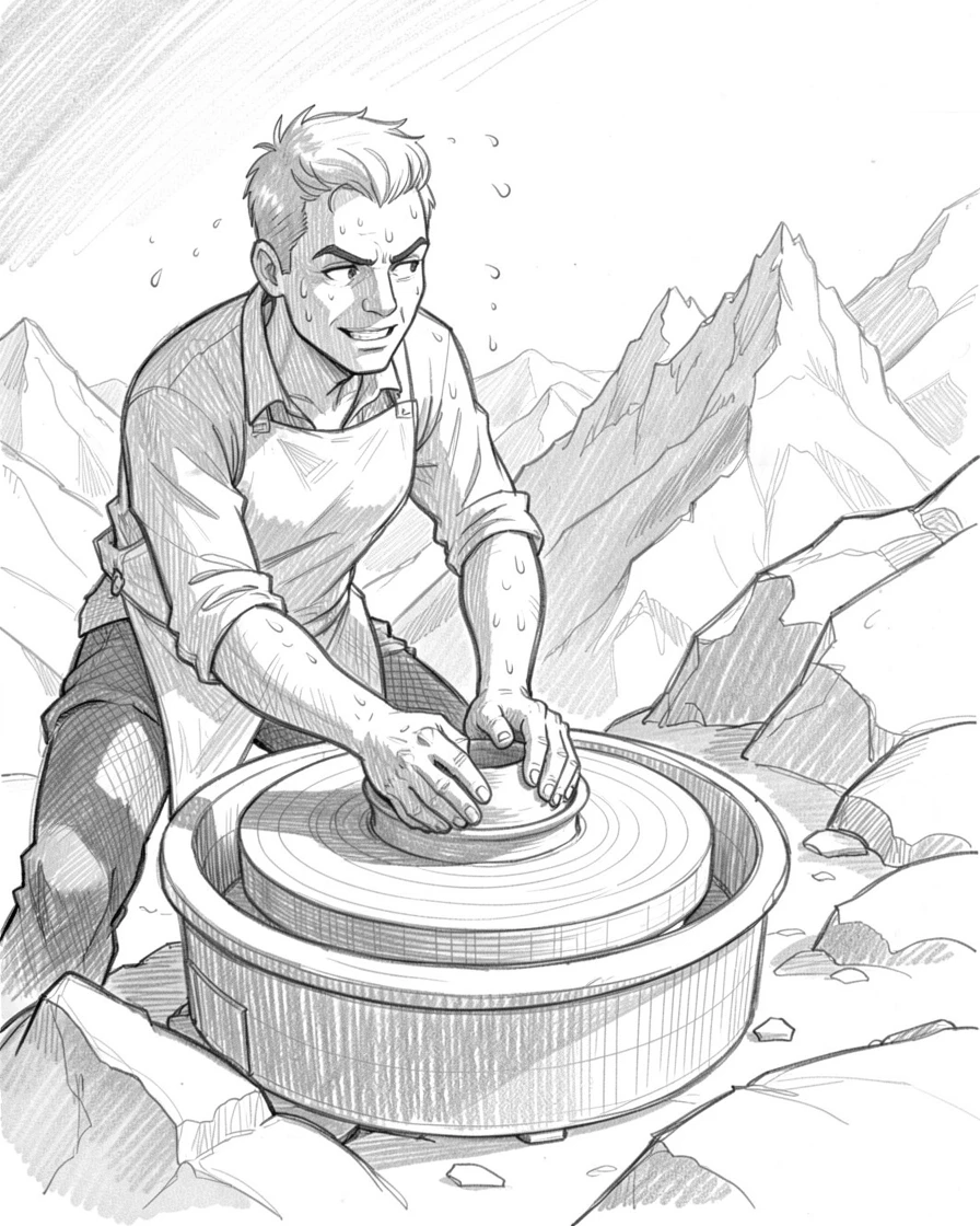 An energetic scene of a potter shaping clay on a spinning wheel atop a snowy mountain peak, with sweat and sunlight glistening together.