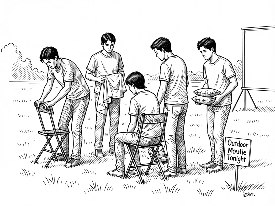 A group of friends setting up chairs for an outdoor movie night.