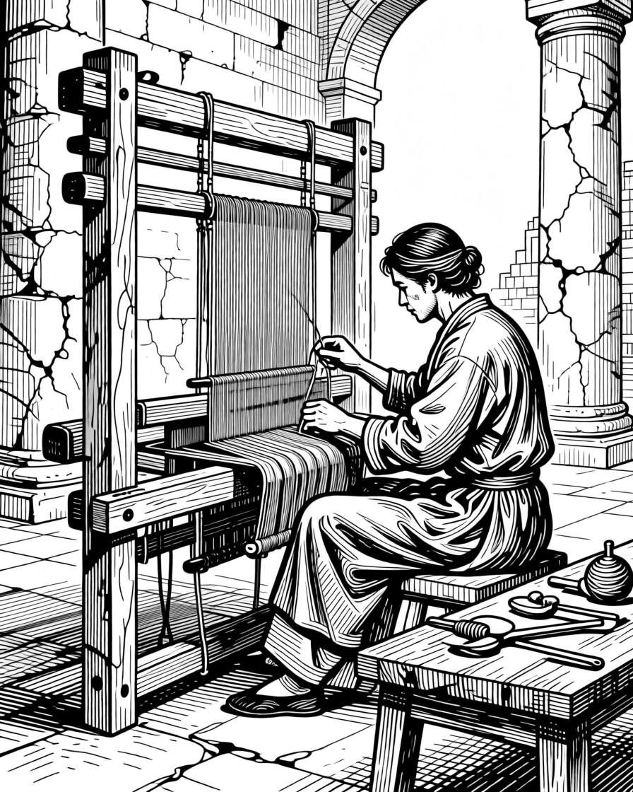 A weaver working at a large traditional loom surrounded by ancient stone architecture, with traditional tools laid out with care, portrayed in a proud and storied historical scene.