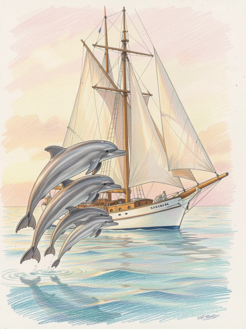 A family of dolphins leaping playfully beside a sailing boat, bathed in the warm glow of golden-hour light, celebrating a moment people would love to revisit.