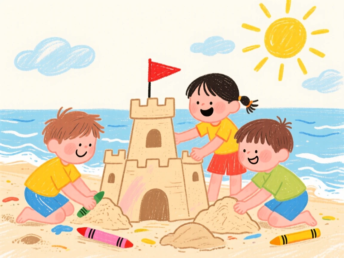 A group of young siblings building a sandcastle at the edge of the tide.