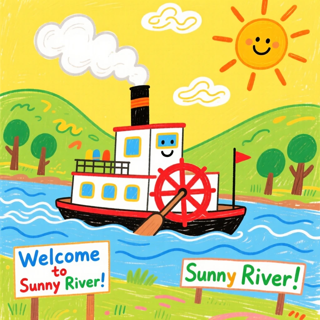 A paddle steamboat driving through a sunny countryside.