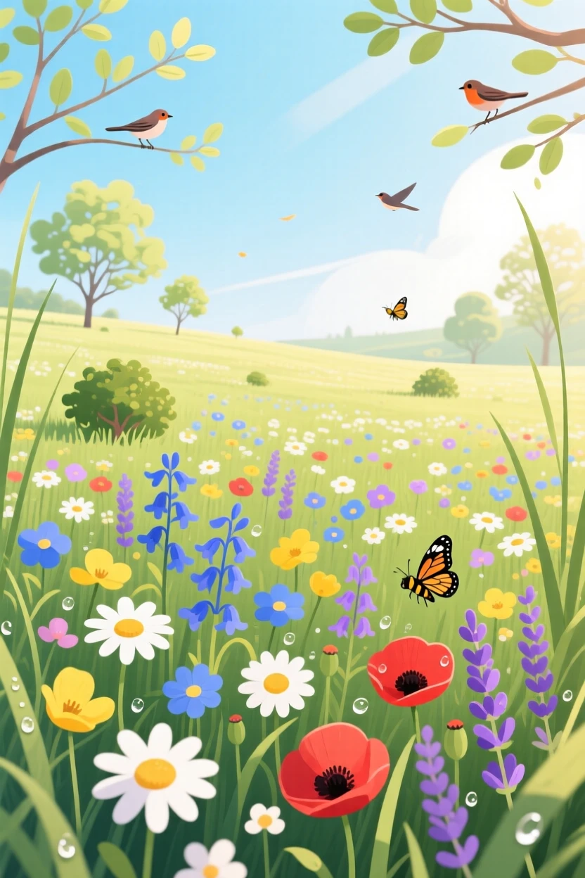 A field of blooming wildflowers marking the start of spring, surrounded by the fresh atmosphere of the changing season, framed to highlight the freshness of the season, with charming small details that evoke the season perfectly.