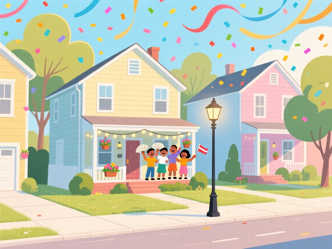A summer celebration with confetti and streamers filling a cozy neighborhood.