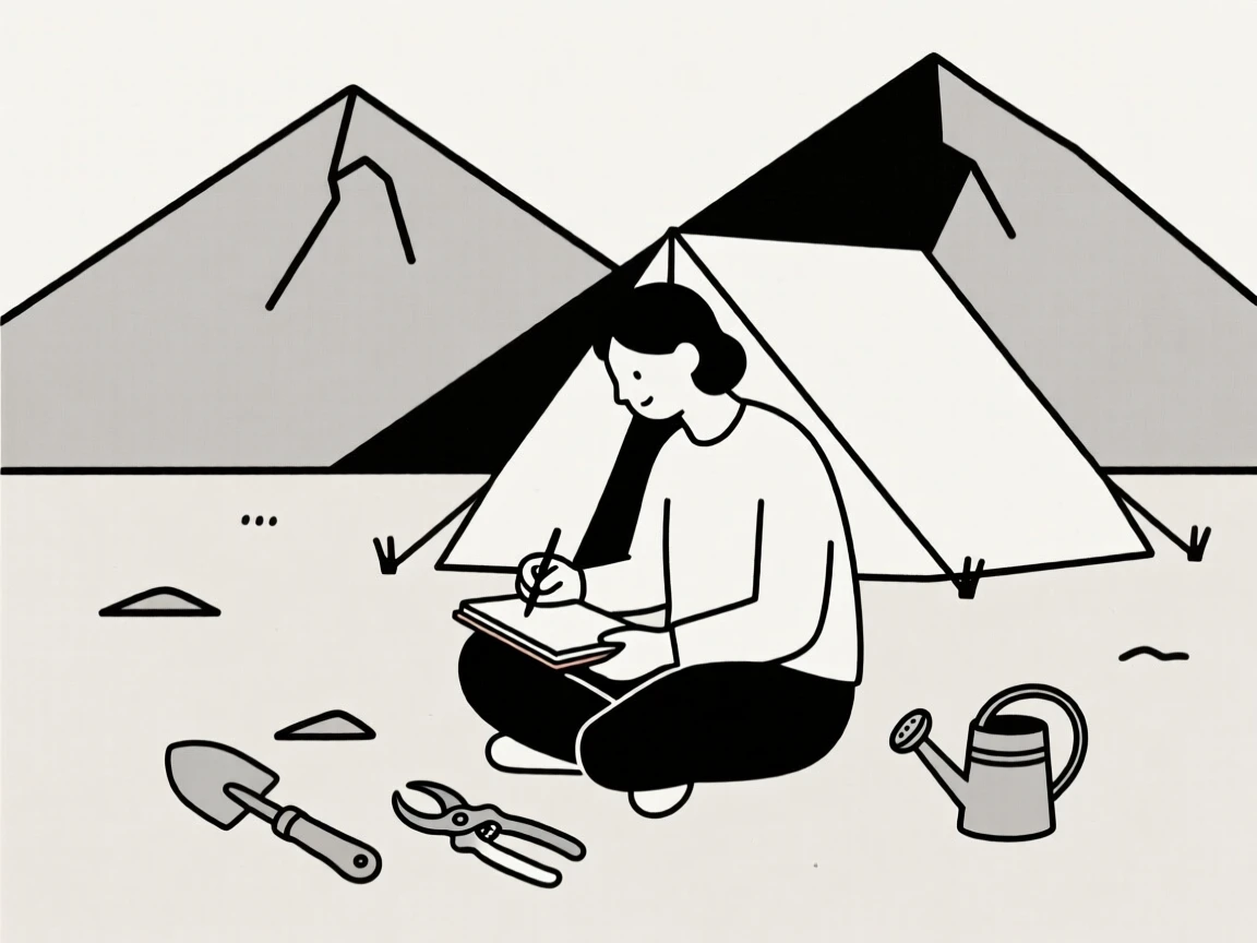 A person sketching in a notebook in a mountain campsite, surrounded by gardening tools, showing focused calm.