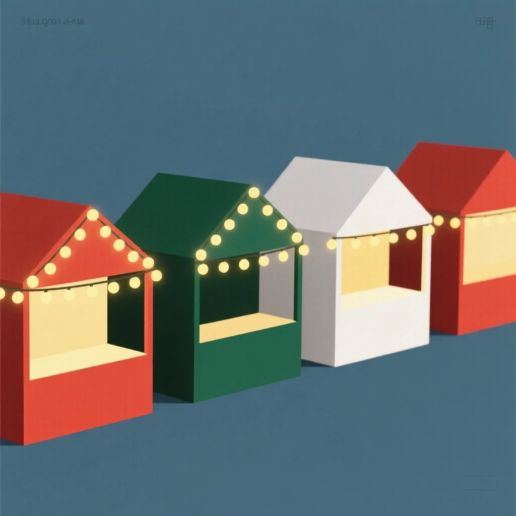 A festive holiday market with lit stalls