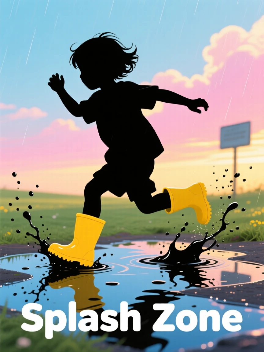 A child splashing through puddles in bright yellow rain boots.