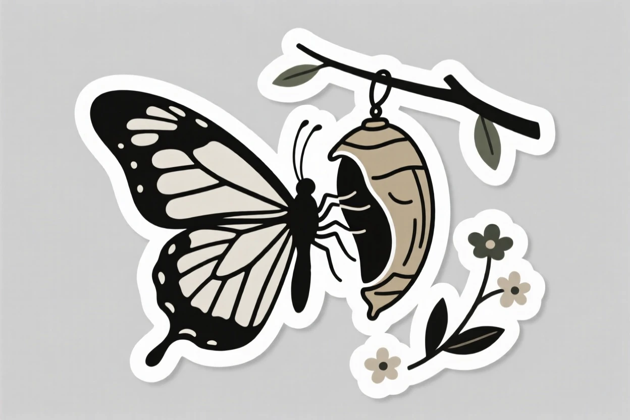 A deeply peaceful scene of a butterfly emerging from its chrysalis, surrounded by a gentle sense of stillness, celebrating the beauty of small victories.