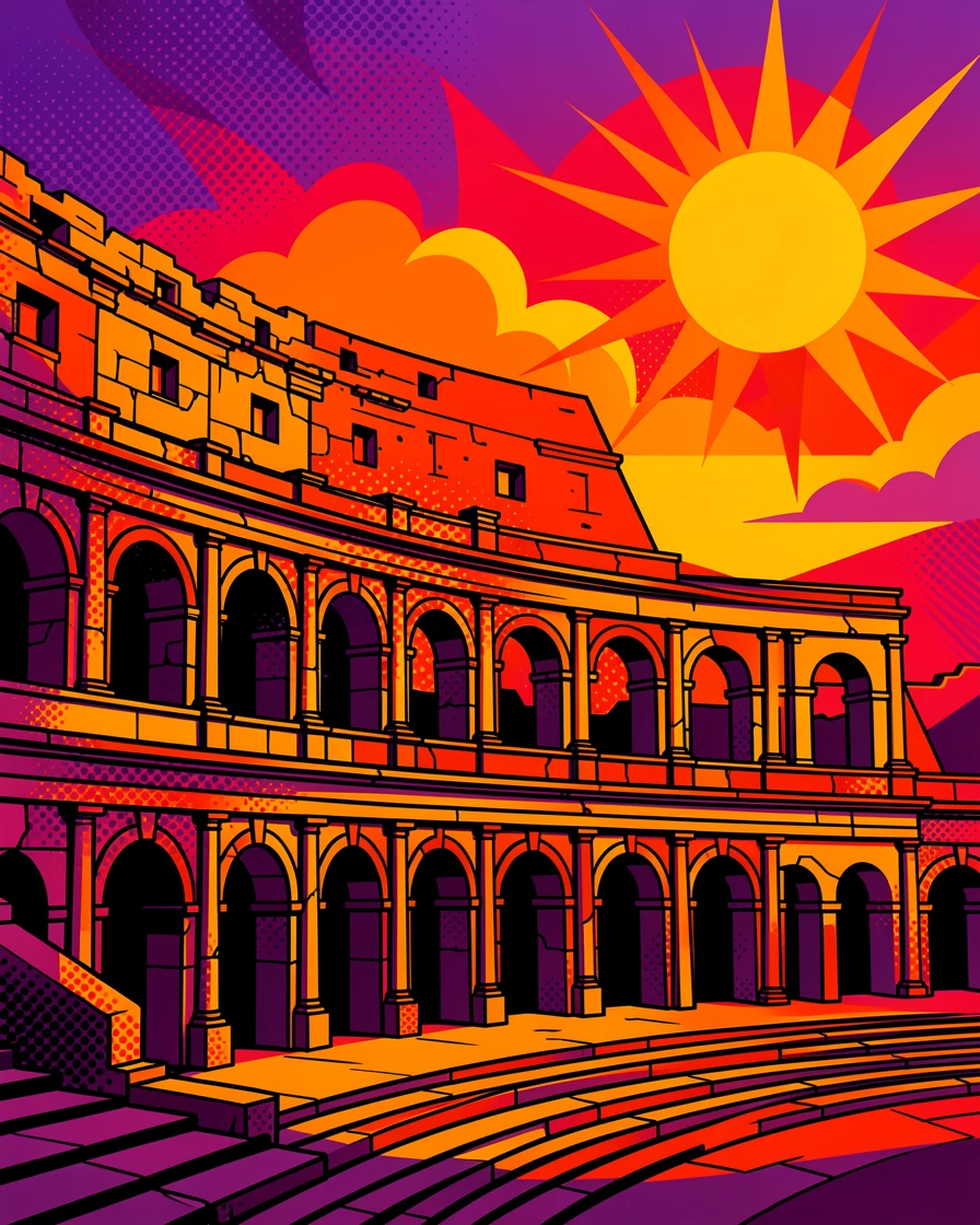 An ancient amphitheater bathed in warm evening light