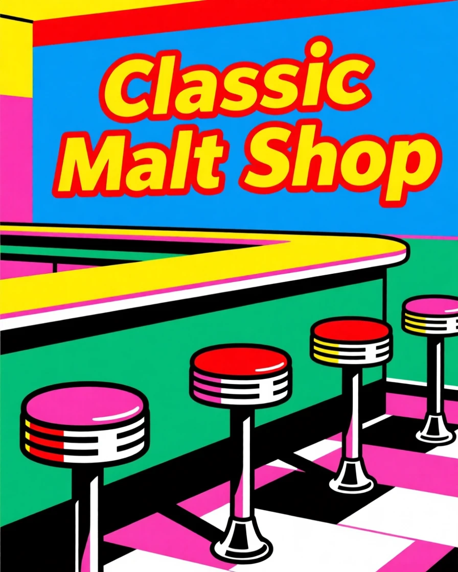 Classic malt shop counter stools in a row