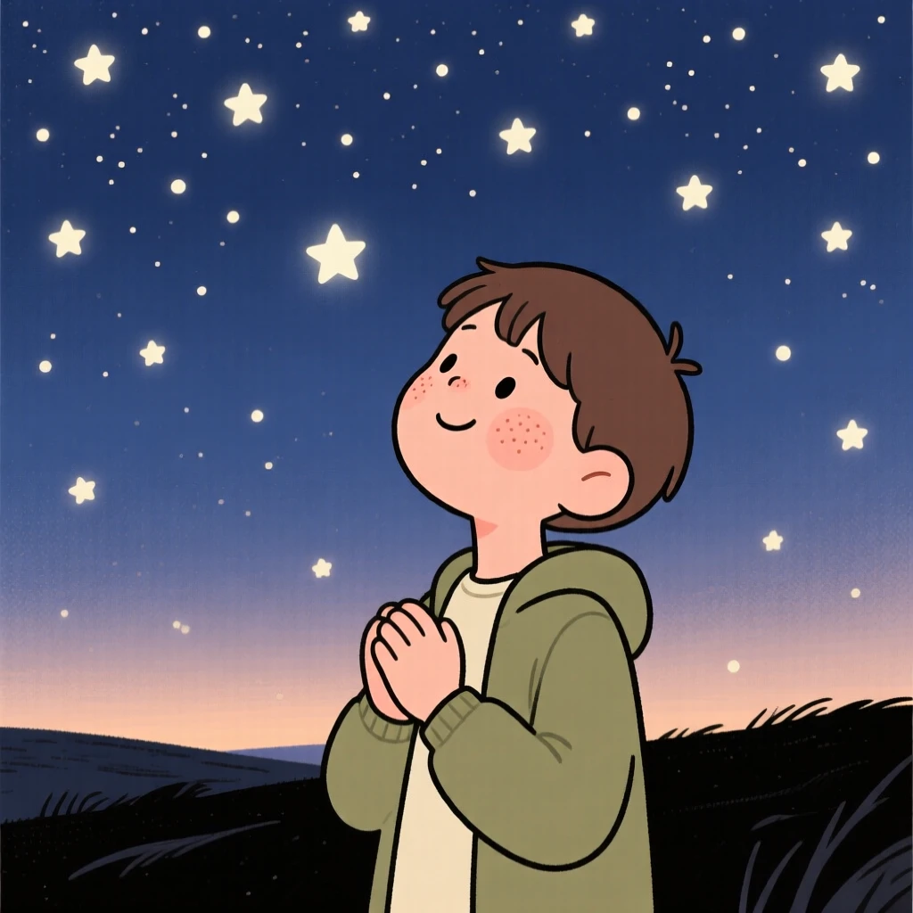A curious teenager looks up in quiet wonder at a sky full of stars, hands clasped together as a feeling of gratitude settles over the scene.