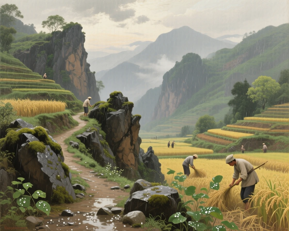 A grand panoramic scene of a rugged mountain pass with a narrow trail winding upward, in rural China, during the summer harvest, during a gentle spring shower.