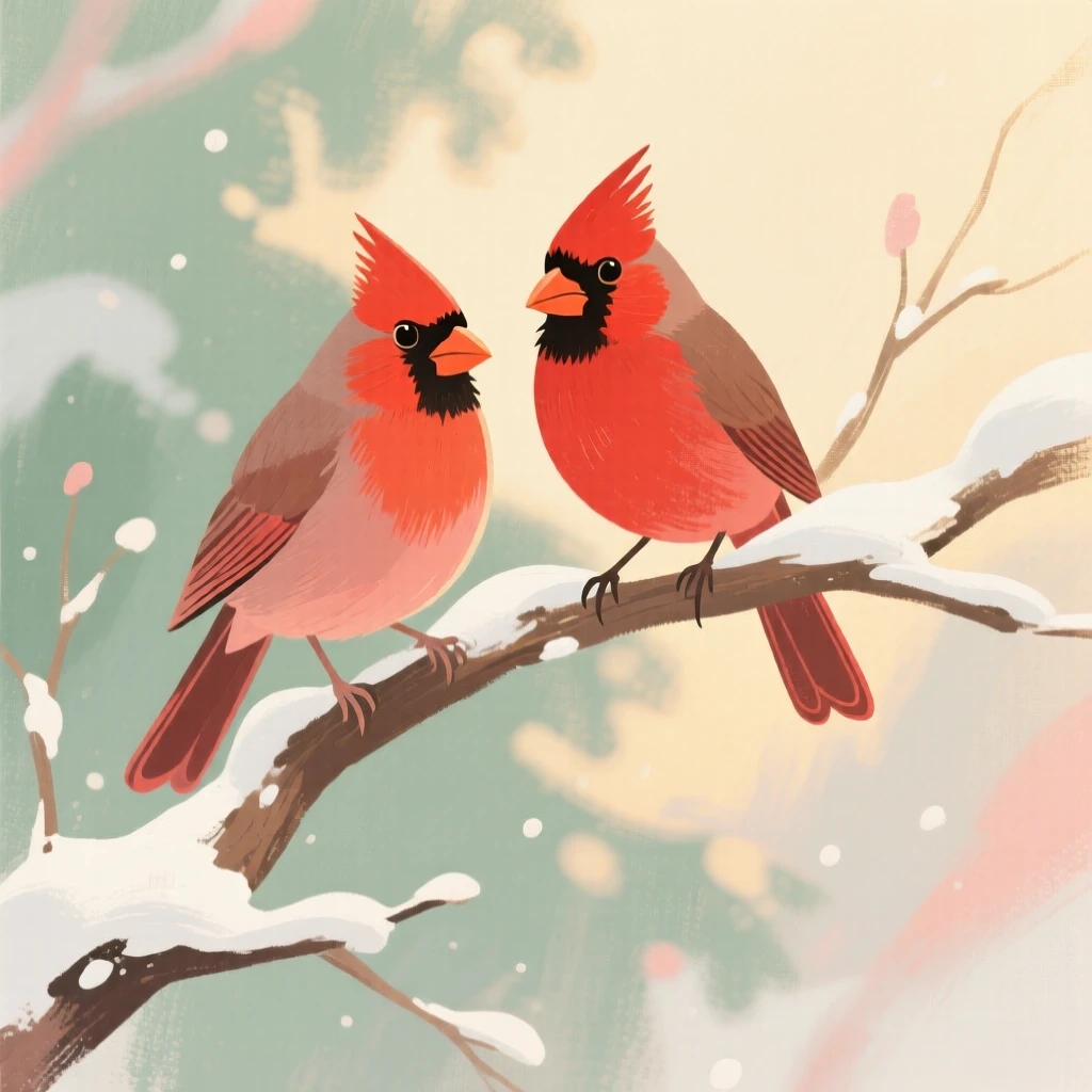 A pair of cardinals perched on a snow-laden branch
