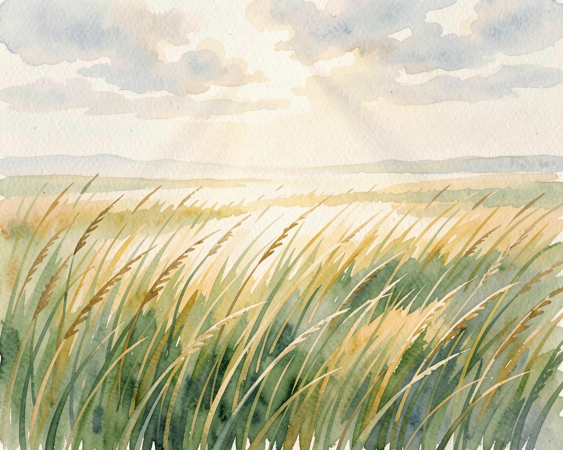 A wide open field of tall grass swaying gently in the wind with a serene and unhurried atmosphere.