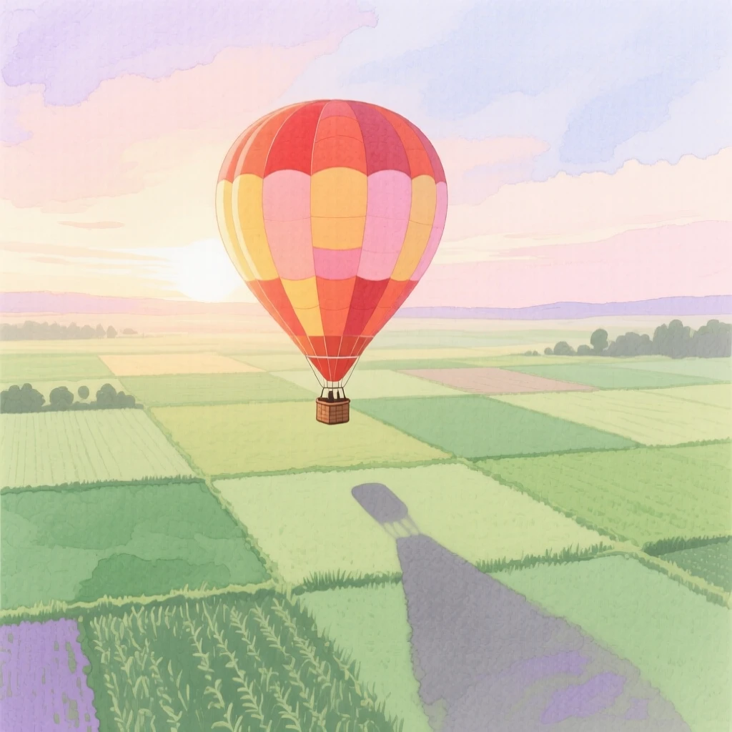 A hot air balloon drifts silently above a patchwork of green fields at sunrise, casting a long shadow below