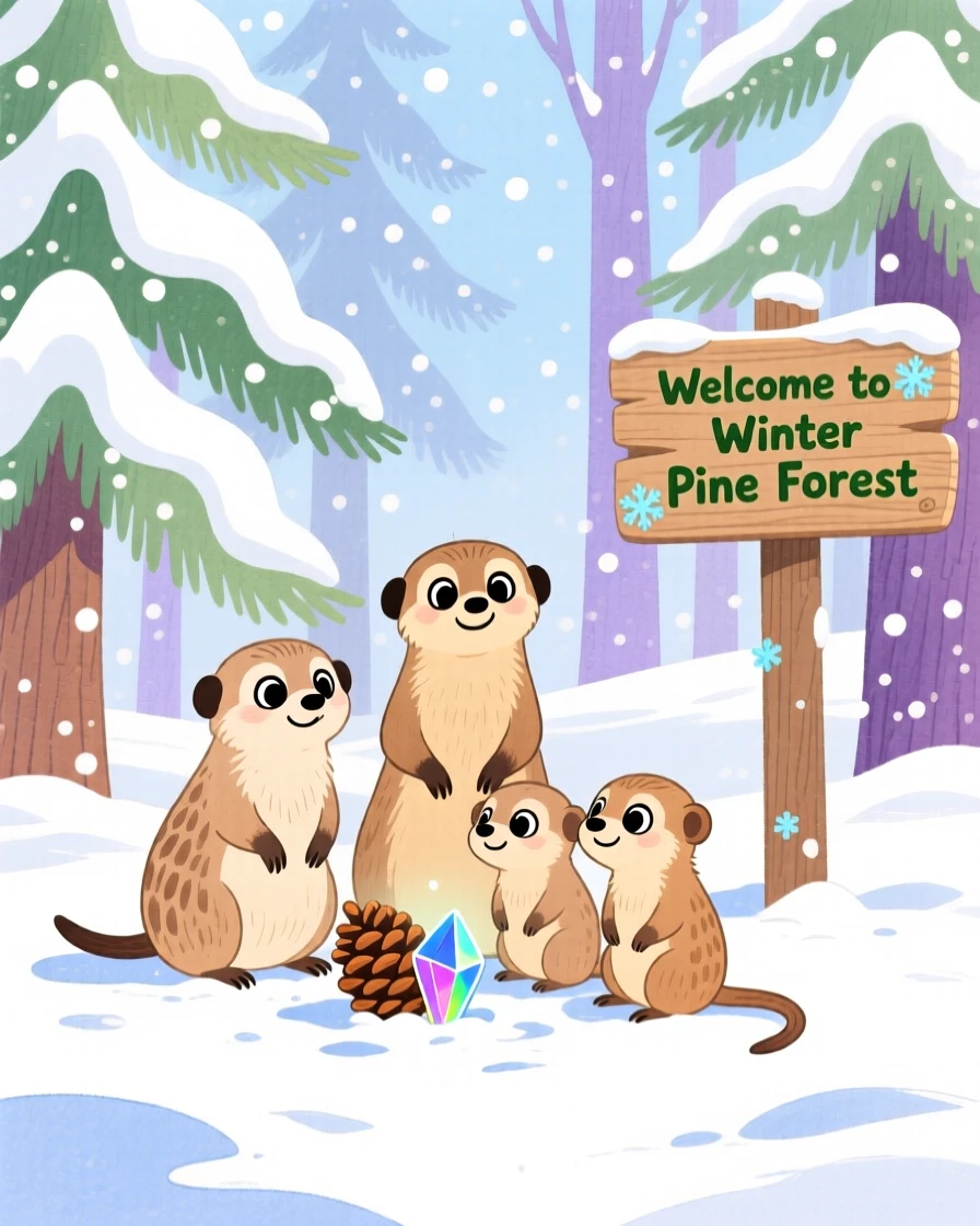 A family of meerkats discovering something new in a snowy pine forest in the first snow of winter.