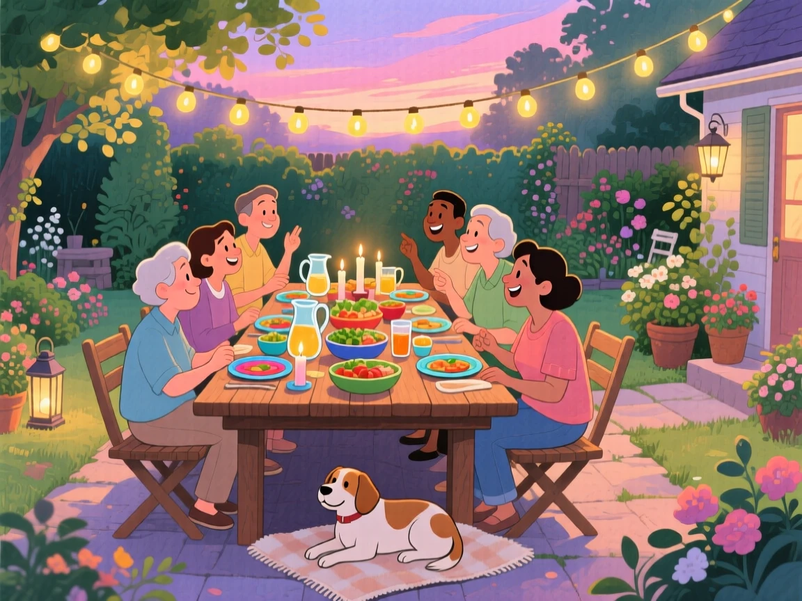 Neighbors sharing a meal at a long outdoor table strung with lights, in a garden courtyard at dusk, with a dog resting happily at their feet, community, warmth, and togetherness.