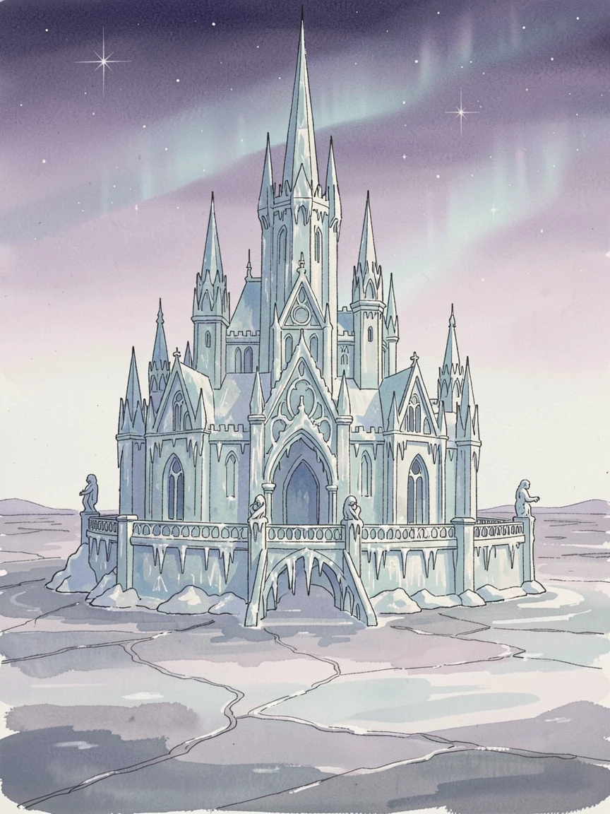 A castle built entirely of ice atop a frozen northern sea, the atmosphere charged with quiet, ancient magic.