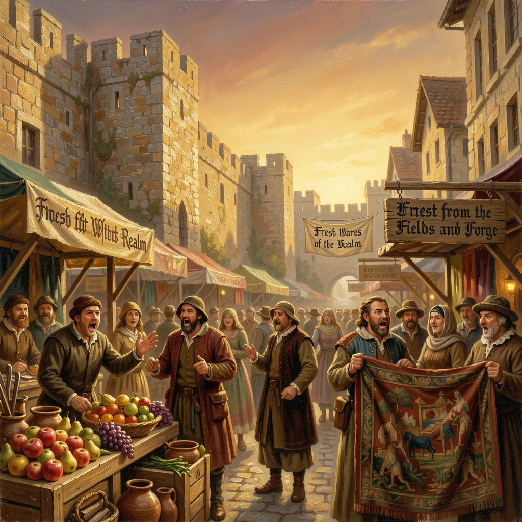 A bustling medieval marketplace filled with merchants, beneath towering stone city walls, merchants calling out to passersby, at golden hour, light glowing warmly on old stone.