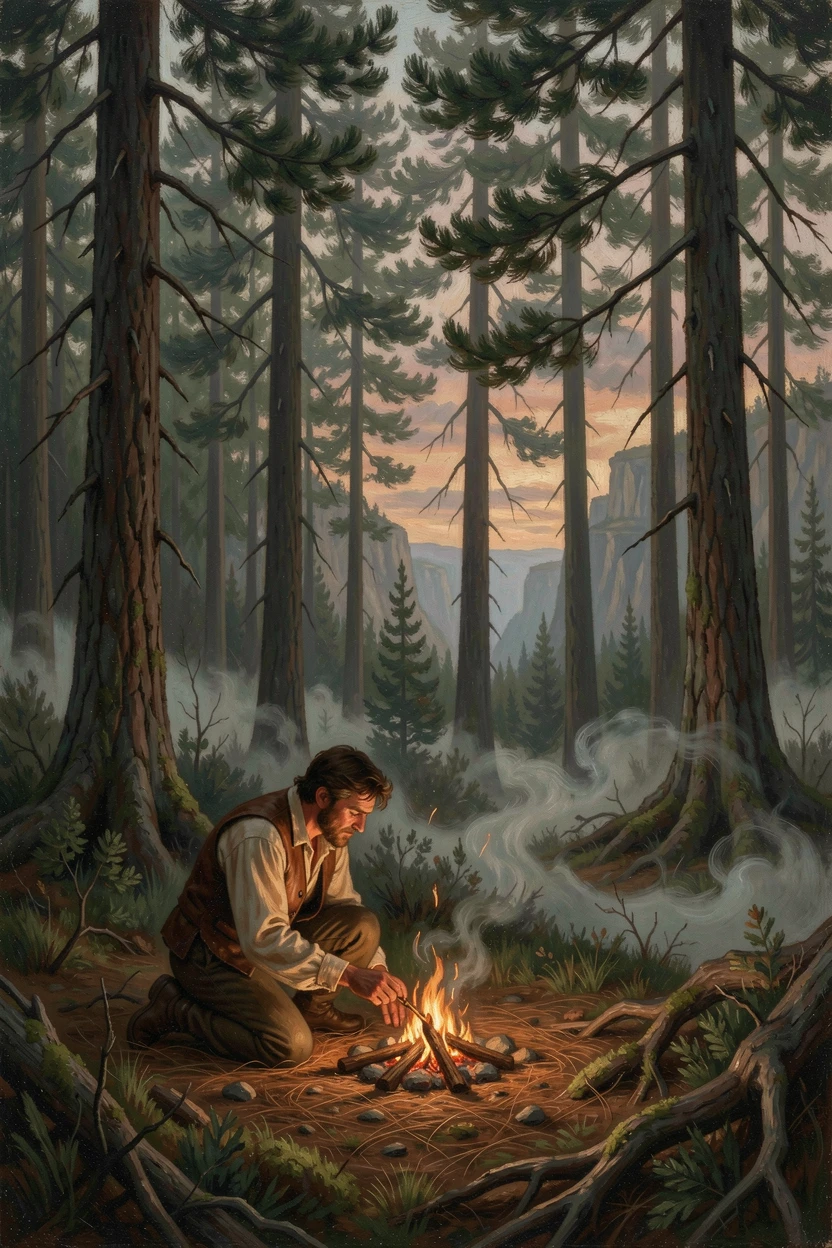 A woodsman lights a fire within a shadowed pine woodland as mist curls low to the ground.