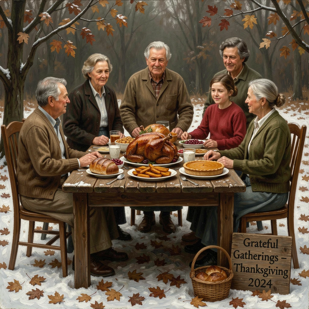 A family gathered around a Thanksgiving table piled high with food, with authentic seasonal textures like snow, leaves, or blossoms, evoking cherished holiday memories and nostalgic feeling