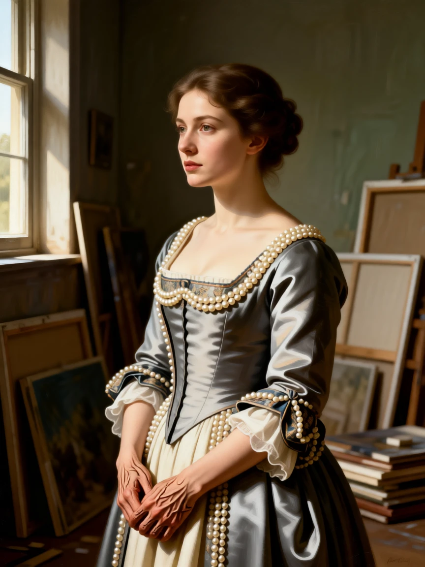 A young noblewoman in a pearl-trimmed gown, gazing thoughtfully out a window turning slightly toward a soft, unseen light, set in an artist's cluttered studio strewn with canvases, with worn hands and a face lined by years of quiet labor; a tight three-quarter portrait draws focus entirely to the expression, evoking tenderness, memory, and unspoken emotion.