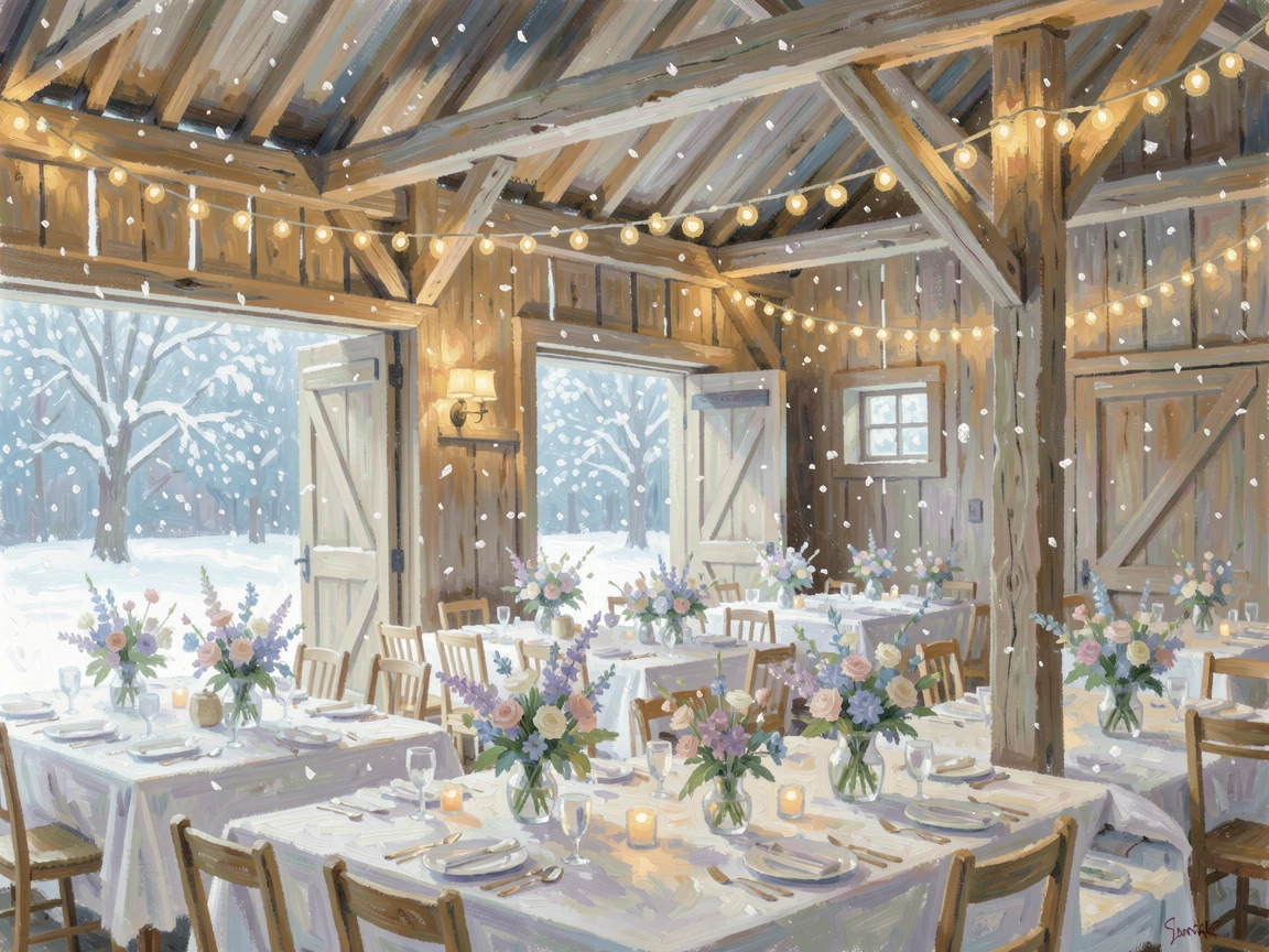 A wedding reception in a rustic barn decorated with fairy lights and wildflower centerpieces, amid a gentle winter snowfall, evoking timeless charm and quiet elegance.