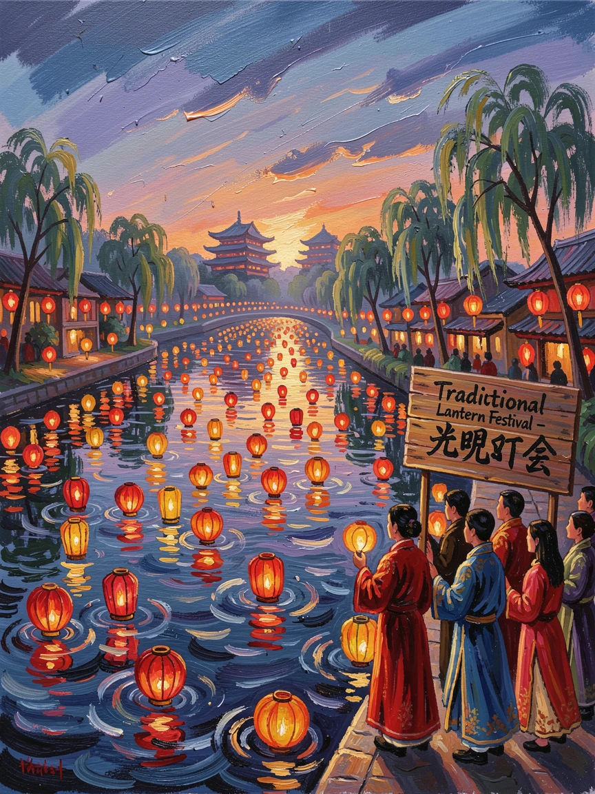 A traditional Chinese lantern festival lighting up a river with thousands of floating lights.
