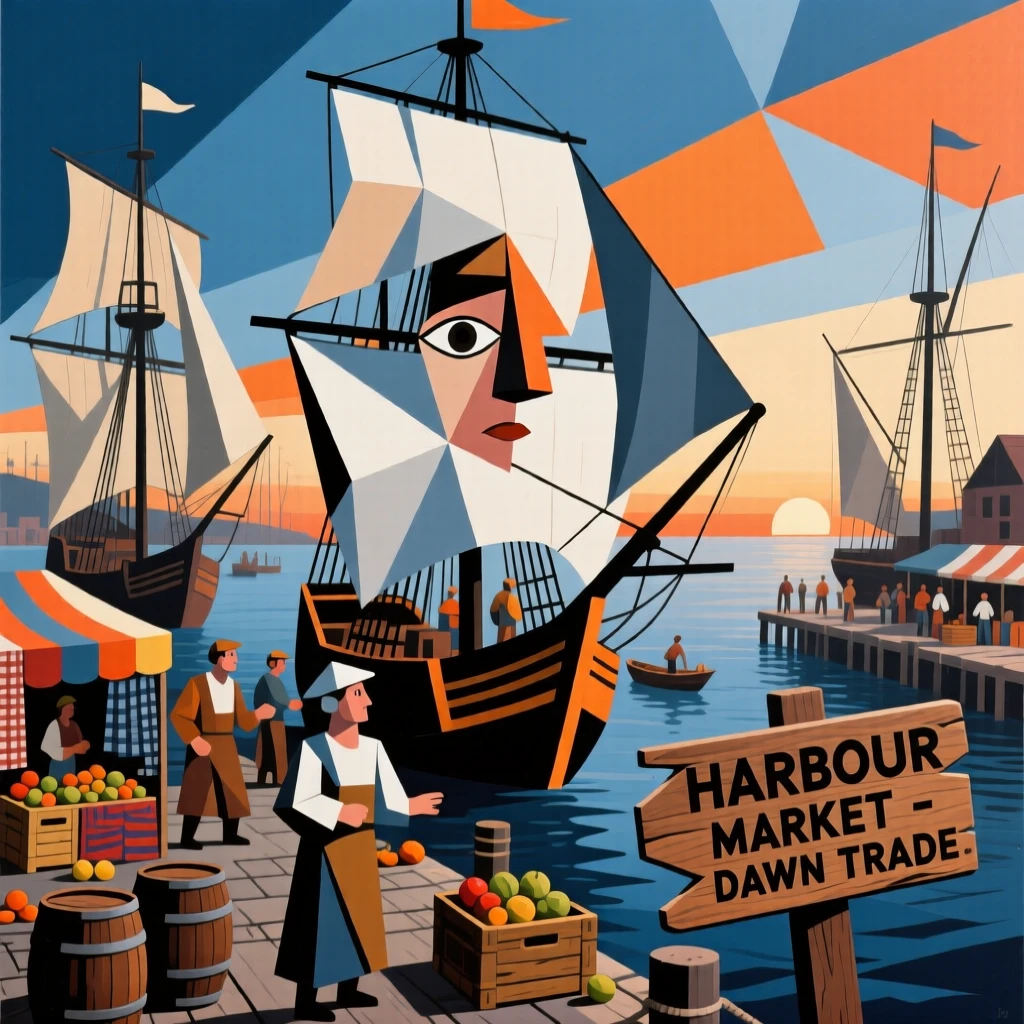 A colonial-era harbor bustling with tall ships and merchants at dawn.