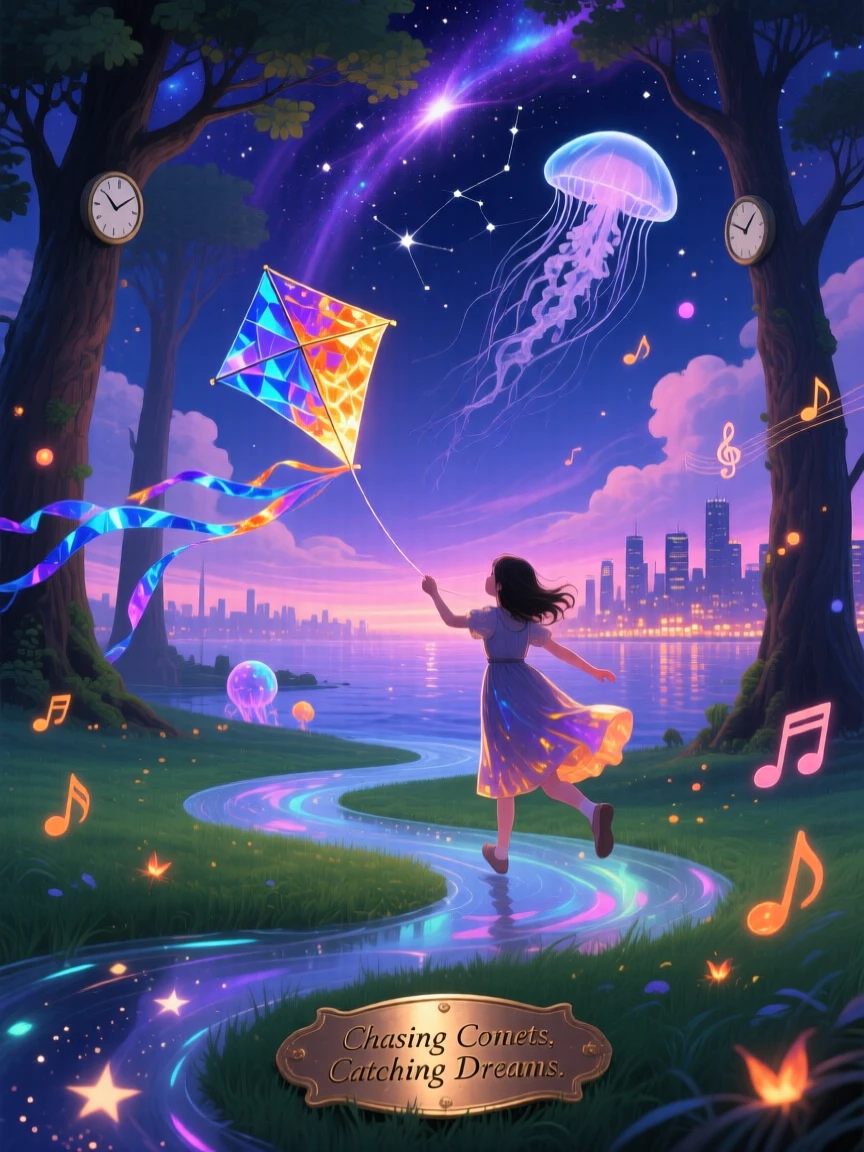 A young girl chasing a kite shaped like a small comet rests peacefully in a space that feels both familiar and strange, while distant sounds drift softly through the surrounding air.
