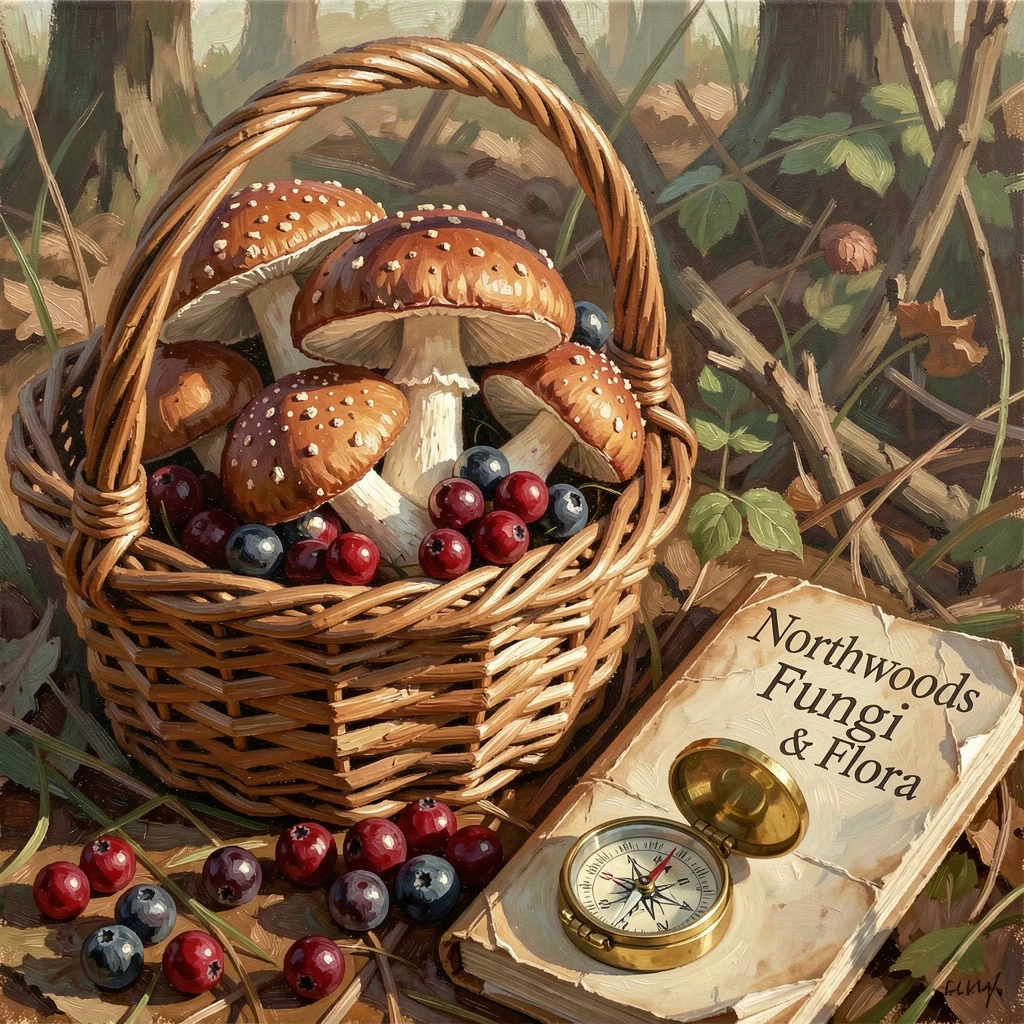 A cluster of wild mushrooms and forest berries is arranged in a wicker basket beside a well-worn field guide and compass, everything rendered with quiet clarity under the steady, natural light of the hour.