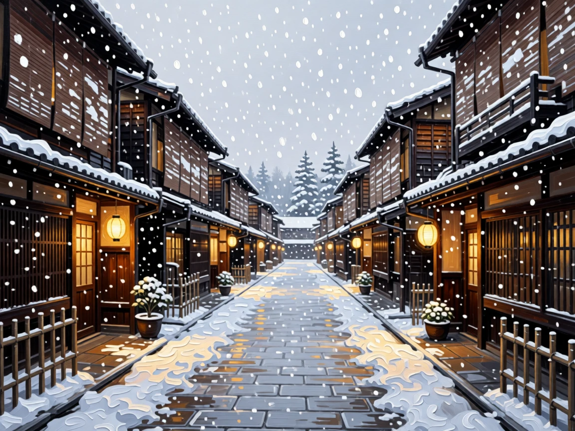 A quiet Kyoto street lined with traditional wooden machiya houses under falling snow