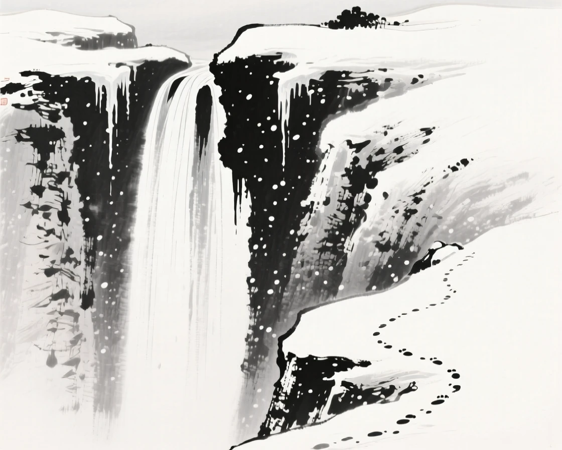 A frozen waterfall hangs suspended between two snow-covered cliffs, with footprints trailing off into the falling snow.