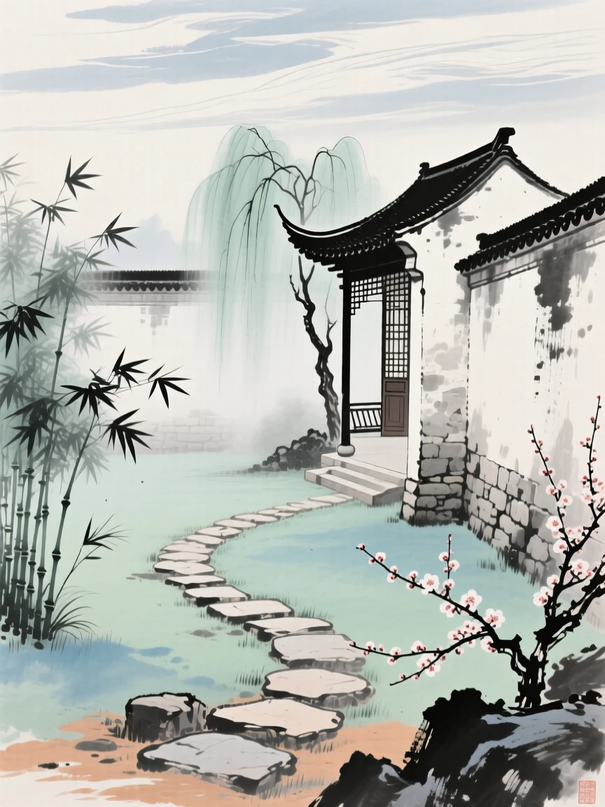 A walled garden with a winding path leading to a hidden pavilion, touched with gentle melancholy, under a sky streaked with clouds.