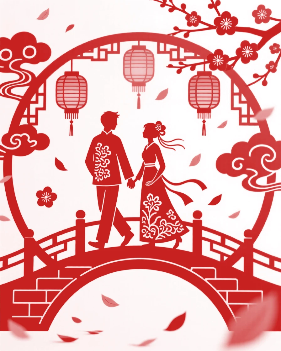 A betrothed couple walking hand in hand along a lantern-lit bridge, petals drifting gently around them.