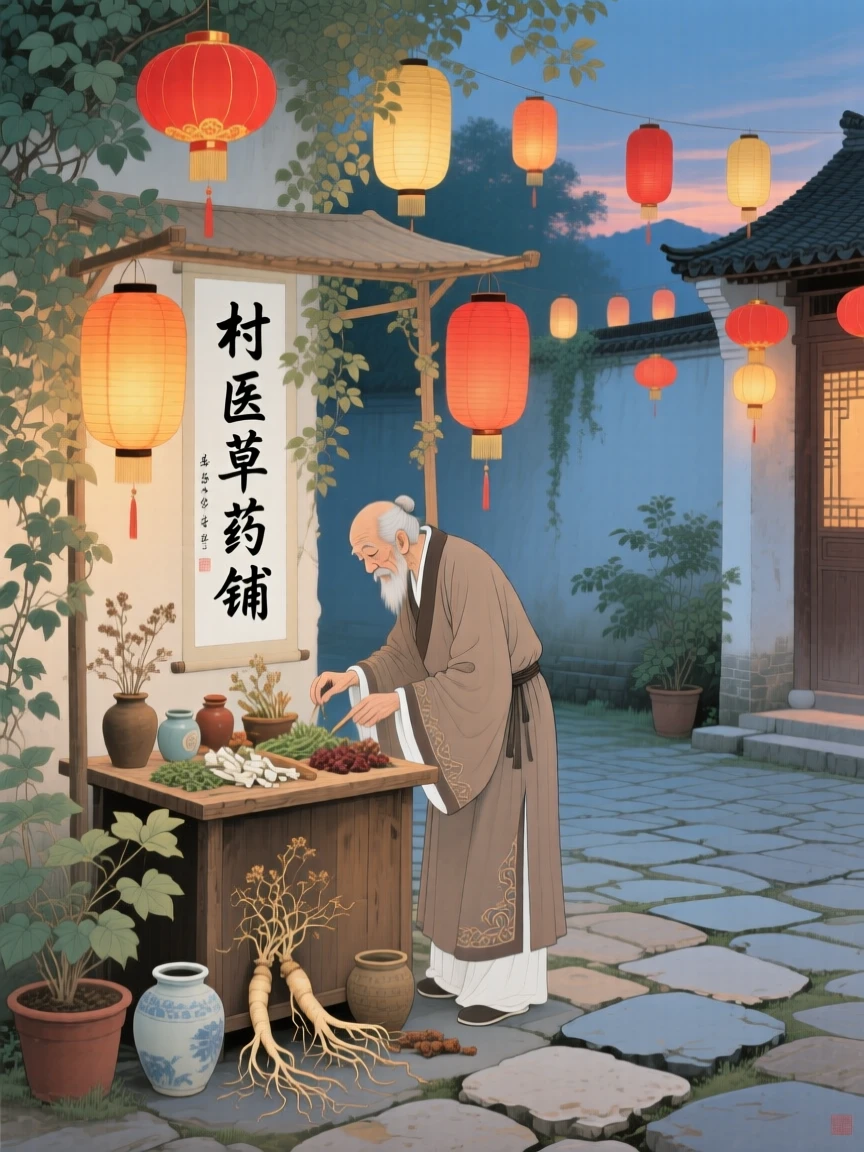 A village healer tending to a small stall of goods in a courtyard filled with lantern light
