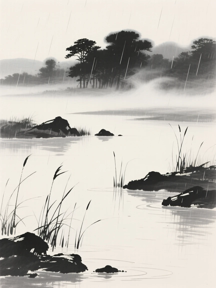 A tranquil marsh dotted with reeds and still water while a light rain blurs the distant tree line, seen from across the water, the far shore reduced to soft silhouette, with delicate wisps of mist threading between the rock formations, carrying a feeling of timeless peace and stillness.
