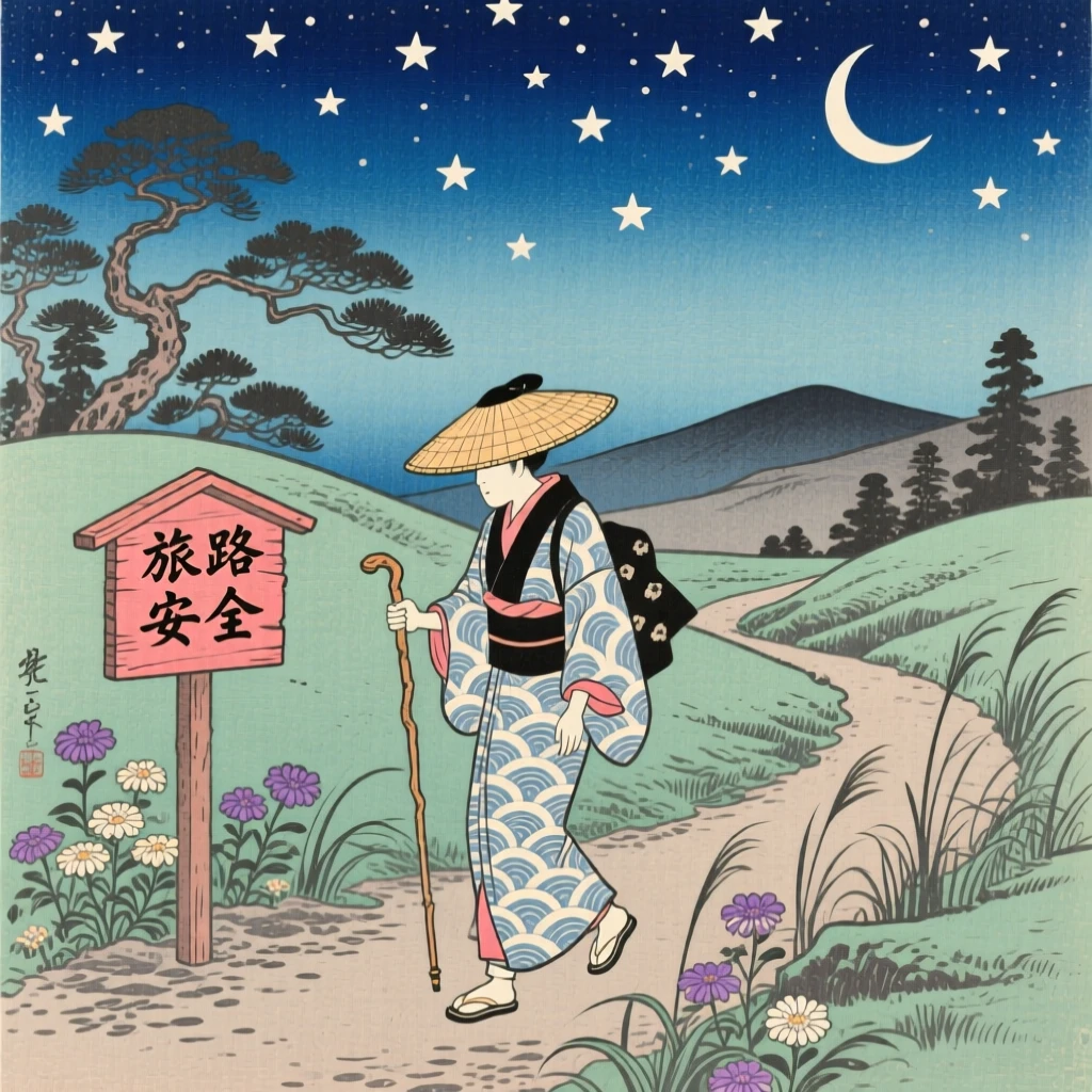 A traveler walking home beneath a starlit sky.