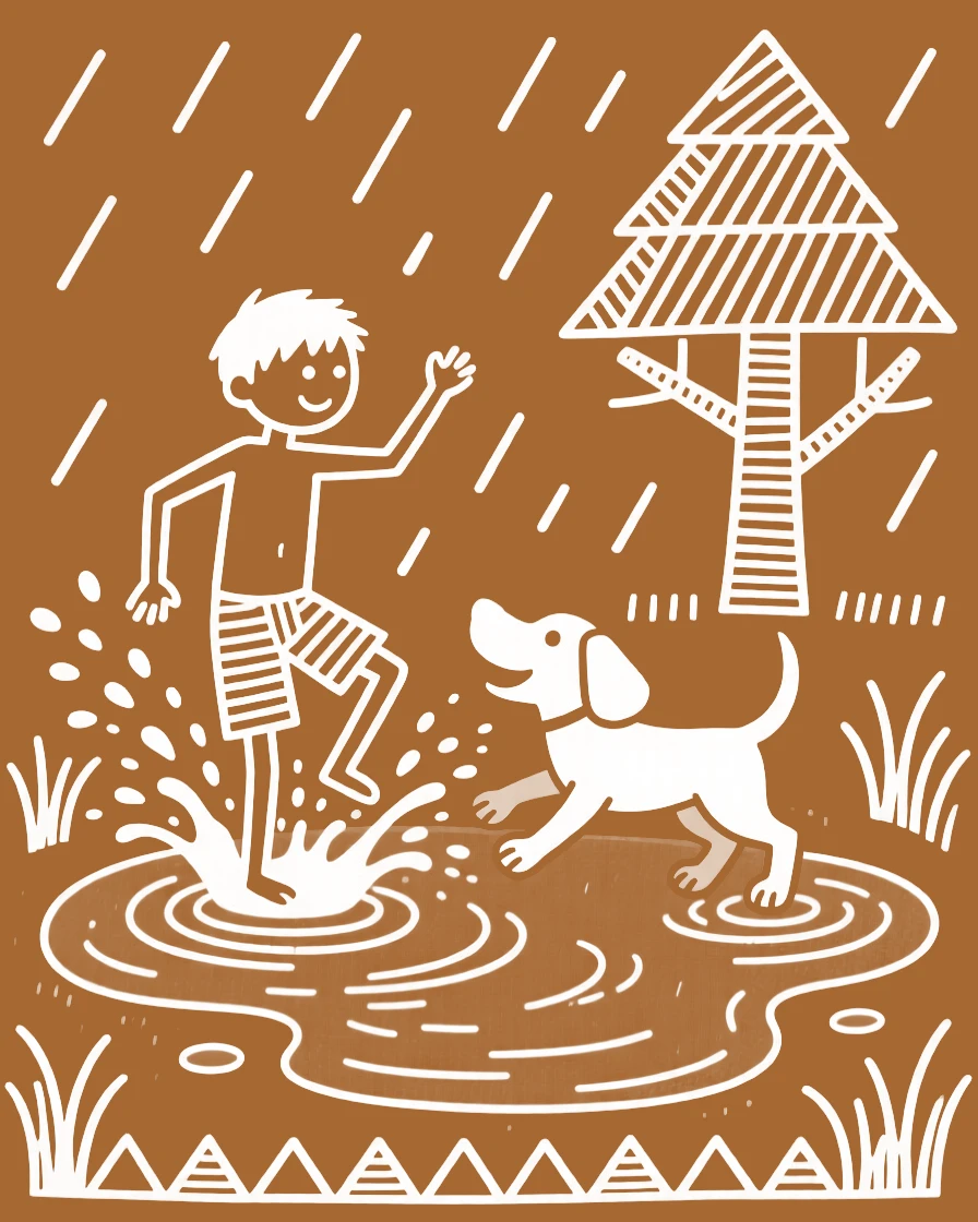 A boy and his pet dog splashing in a puddle after the rain.