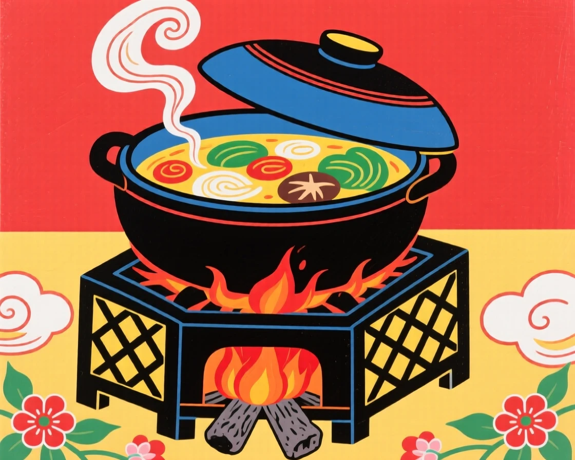 A pot of simmering stew resting over a small charcoal stove.