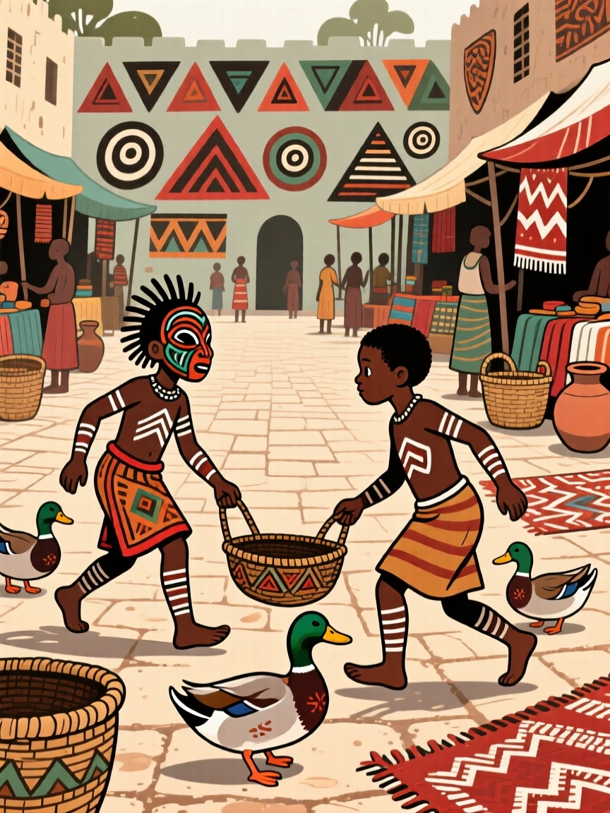 Children herding ducks across a courtyard in the heart of a bustling market square.