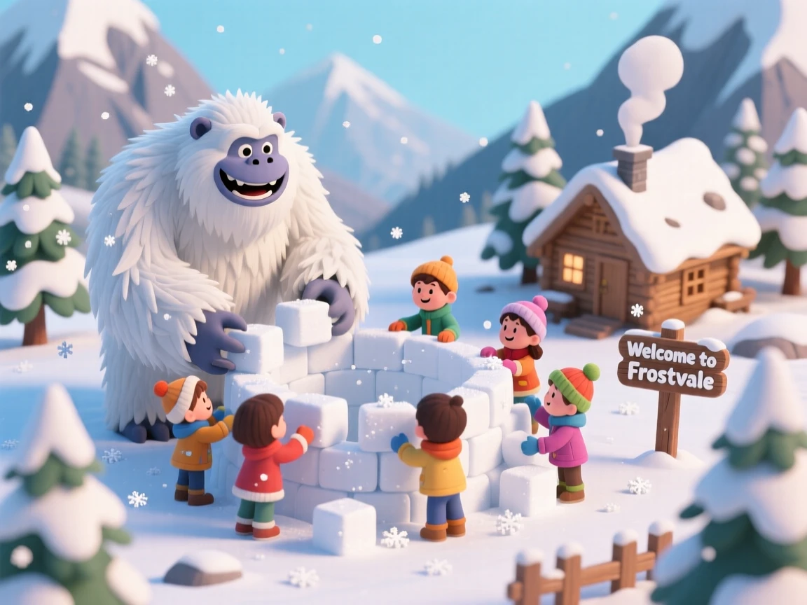 A friendly yeti building a snow fort with village children, laughter echoing through a quiet mountain valley.