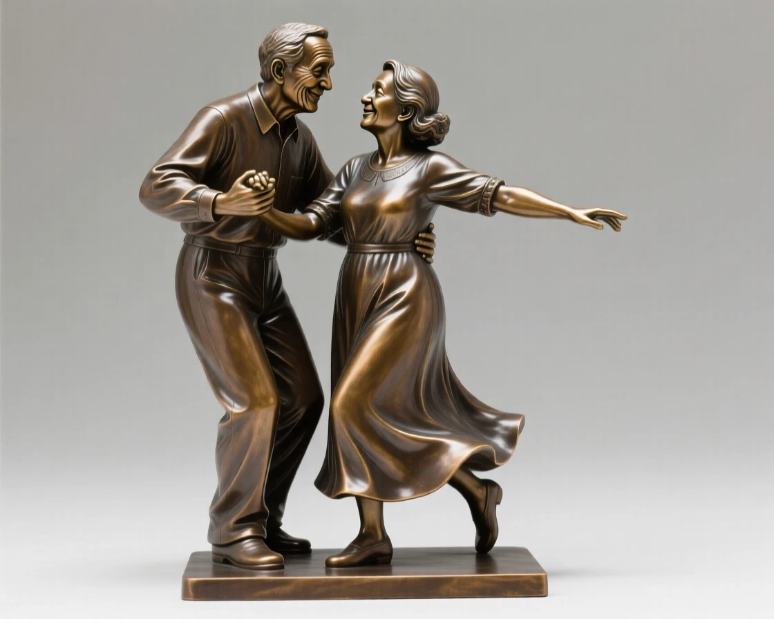 An elderly couple dancing, in a moment of quiet triumph, forming a strong central focal point