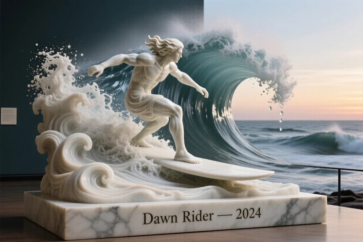 A beautifully composed image of a surfer riding a towering wave at dawn, captured with cinematic depth and detail, full of atmosphere and visual storytelling