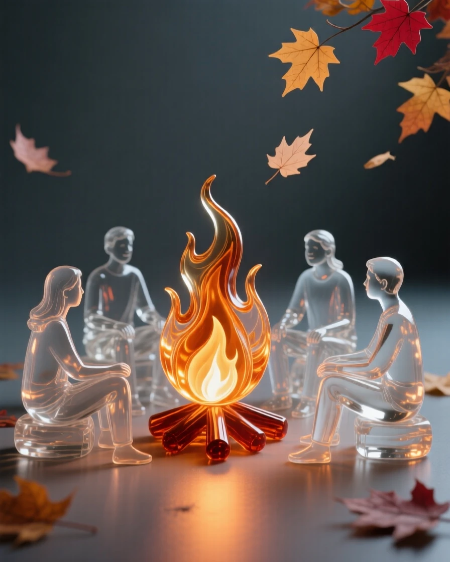 A bonfire surrounded by friends on a cool autumn night, as autumn leaves drift slowly to the ground