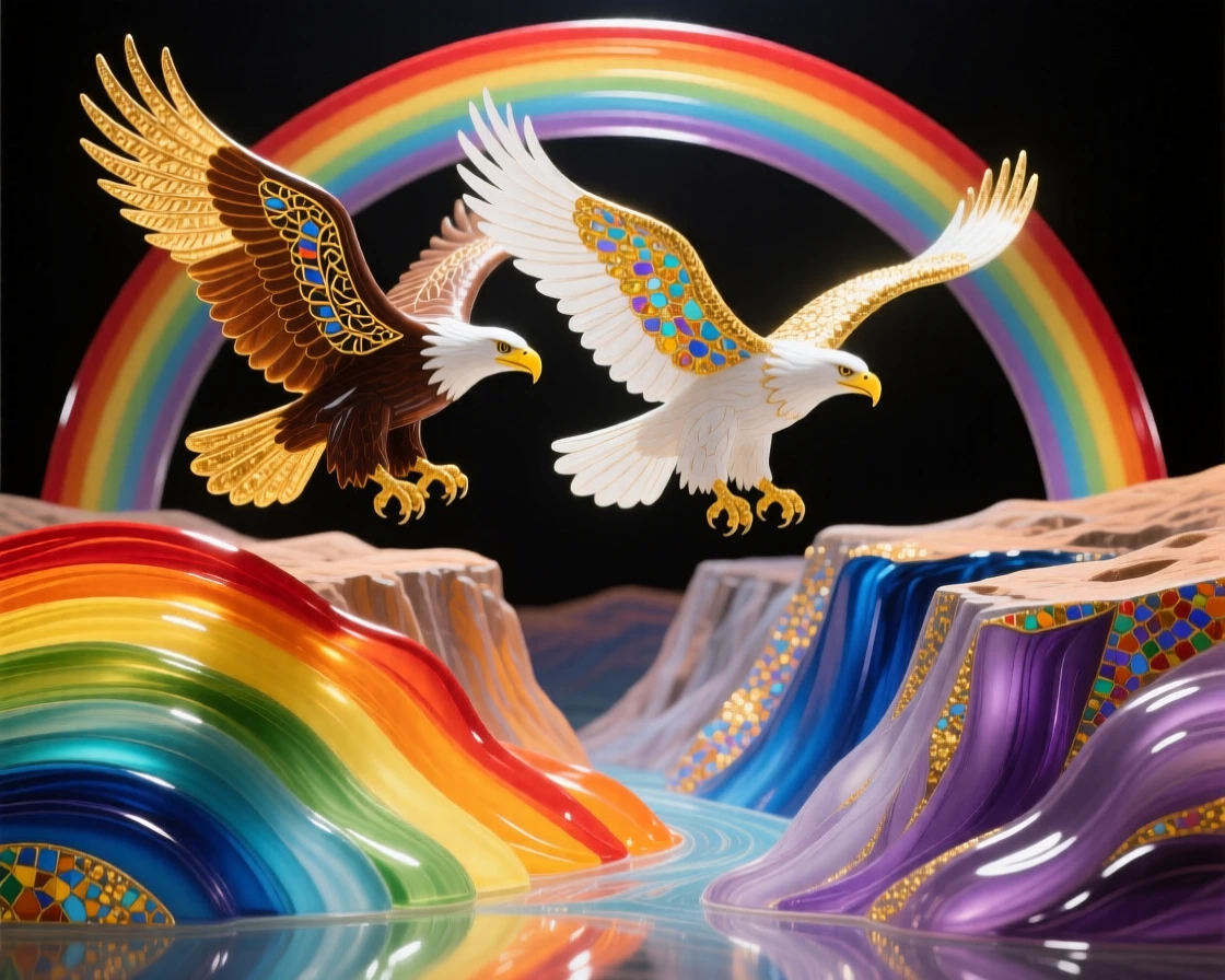 A pair of eagles soaring together above a rainbow-arched canyon, majestic and hopeful.