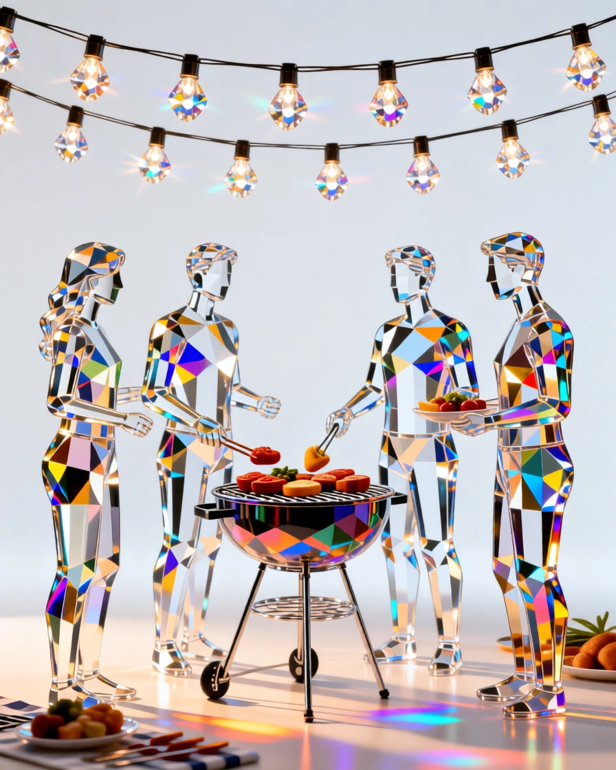 A summer beach barbecue celebration at sunset with string lights overhead.