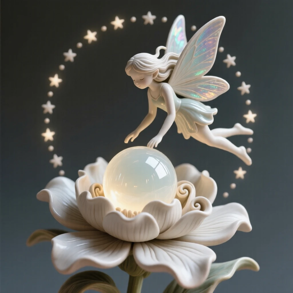 A fairy hovering above a blooming flower coiled protectively around a glowing orb, haloed by a faint circle of starlight, evoking timeless wonder and ancient magic.