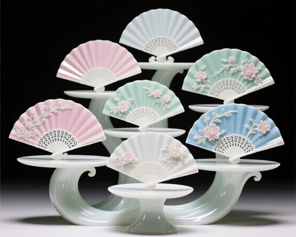 A collection of ornamental fans arranged on tiered display stands, forming a harmonious, elegant composition.