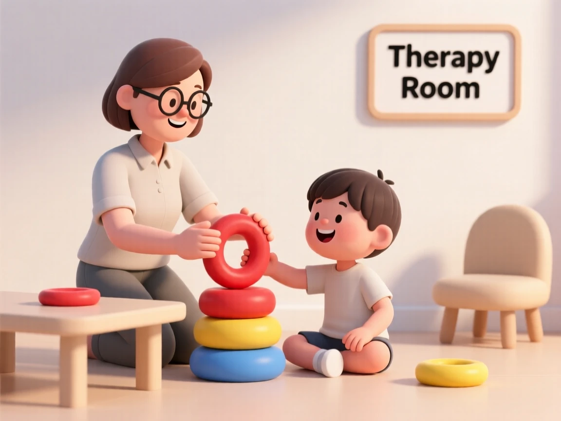A gentle occupational therapist helps a young patient stack colorful rings during a cheerful therapy session.